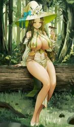 Rule 34 | 1girl, absurdres, bare legs, bare shoulders, bird, breast curtains, breasts, brooch, brown hair, chain, cleavage, closed mouth, commission, covered navel, detached sleeves, dress, flats, forest, gold trim, gompang 11, grey eyes, hand up, hat, highres, huge breasts, jewelry, legs, long hair, long sleeves, nature, original, outdoors, parted bangs, pelvic curtain, revealing clothes, sitting, smile, solo, thighs, very long hair, white dress, white footwear, white hat, witch hat