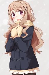 Rule 34 | 1girl, :d, absurdres, alternate costume, bad id, bad pixiv id, black pantyhose, blue coat, brown background, brown hair, coat, cowboy shot, duffel coat, hair ornament, high school fleet, highres, kapatarou, long hair, mittens, open mouth, own hands together, pantyhose, purple eyes, scarf, simple background, smile, solo, sweater, uda megumi, x hair ornament