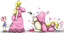 Rule 34 | 1boy, 1girl, ass, blonde hair, breasts, bulge, clothed sex, crown, doggystyle, ear piercing, earrings, enigi09, erection, erection under clothes, heart, highres, huge ass, huge breasts, huge penis, huge testicles, jewelry, long hair, mario (series), nintendo, penis, piercing, princess peach, robe, sex, sex from behind, shared clothes, simple background, size difference, smile, speech bubble, super mario bros. 1, taller female, testicles, toad (mario), white background
