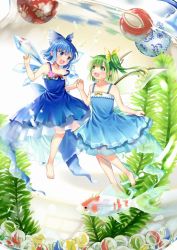 Rule 34 | 2girls, ball, bare shoulders, barefoot, blue bow, blue dress, blue eyes, blue hair, bow, cirno, daiyousei, dress, fairy wings, fish, flower, flying, green eyes, green hair, hair between eyes, hair bow, hand up, hands up, holding hands, ice, ice wings, kapuchii, leaf, looking at another, multiple girls, open mouth, pink flower, plant, ponytail, red bow, sand, short hair, sleeveless, smile, touhou, wings, yellow bow