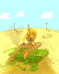 Rule 34 | 1girl, barefoot, blonde hair, blue eyes, blue sky, breasts, broken, caterpillar tracks, chain, cuffs, day, fingernails, giant, giantess, green eyes, head rest, horns, long hair, long toenails, military, military vehicle, motor vehicle, muscular, namasomi, pointy ears, ponytail, prison clothes, scythana, scythana (skullgirls), shackles, sharp fingernails, sharp toenails, single horn, sitting, sitting on object, skullgirls, sky, sleeveless, solo, tank, toenails, vehicle