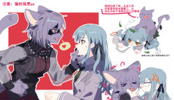 Rule 34 | 2girls, @ @, anger vein, animal ears, animalization, bang dream!, bang dream! it&#039;s mygo!!!!!, black ribbon, black shirt, blue hair, cat ears, cat girl, cat on person, cat tail, chinese commentary, chinese text, collared shirt, commentary request, fang, flying sweatdrops, furrification, furry, furry female, furry with non-furry, green necktie, grey jacket, hair ribbon, hand on another&#039;s chin, haneoka school uniform, heart, highres, interspecies, jacket, leaf, long hair, long sleeves, multiple girls, necktie, pink eyes, purple cat, purple hair, red background, ribbon, school uniform, see-through, see-through sleeves, shirt, short hair, speech bubble, spoken heart, tail, togawa sakiko, translation request, white background, white shirt, xmyishipi, yellow eyes, yuri, yuutenji nyamu