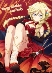 Rule 34 | 1girl, black gloves, blonde hair, blue eyes, blush, braid, braided ponytail, breasts, carol malus dienheim, cleavage, cleavage cutout, closed mouth, clothing cutout, dated, dress, elbow gloves, frilled dress, frills, gloves, happy birthday, highres, long hair, looking at viewer, miona yui, mole, mole under eye, ponytail, red dress, senki zesshou symphogear, small breasts, smile, solo