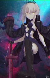 Rule 34 | 1girl, artoria pendragon (all), artoria pendragon (alter swimsuit rider) (third ascension) (fate), artoria pendragon (fate), black thighhighs, blonde hair, breasts, cleavage, clothing cutout, excalibur morgan (fate), expressionless, fate/grand order, fate (series), gloves, highres, jacket, jacket on shoulders, kesoshirou, medium breasts, navel cutout, planted, rain, saber alter, side cutout, solo, thighhighs, thighs, weapon, yellow eyes