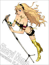Rule 34 | 00s, 1girl, blonde hair, blue eyes, boots, bracelet, breasts, butt crack, cleavage, curly hair, fishnet thighhighs, fishnets, headband, jewelry, large breasts, legs, long hair, macross, macross frontier, microphone, microphone stand, necklace, sheryl nome, short shorts, shorts, solo, strapless, thigh boots, thighhighs, tube top, uramoi mocker