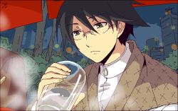 Rule 34 | 00s, 1boy, black hair, building, cityscape, drink, from below, glass, glasses, green eyes, itoshiki nozomu, japanese clothes, kimono, looking down, male focus, milcho, nature, outdoors, perspective, plant, sayonara zetsubou sensei, sky, solo, steam, upper body, water