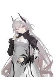 Rule 34 | 1girl, absurdres, arknights, breasts, commentary request, dress, gainichengyibeizhuce83776, grey hair, hair between eyes, hand up, head tilt, highres, horns, long hair, long sleeves, looking at viewer, red eyes, simple background, small breasts, smile, solo, theresa (arknights), very long hair, white background, white dress