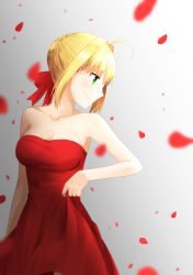 Rule 34 | 10s, 1girl, absurdres, ahoge, bare arms, bare shoulders, blonde hair, breasts, cleavage, collarbone, dress, fate/extra, fate (series), female focus, green eyes, hair ribbon, highres, large breasts, neck, nero claudius (fate), nero claudius (fate), nero claudius (fate/extra), petals, red dress, ribbon, short hair, smile, solo, strapless, strapless dress, upper body, zeroasann