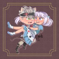 Rule 34 | 1boy, 1girl, asta (black clover), bad tag, black clover, blue dress, blush, carrying, carrying person, dress, green eyes, headband, hetero, noelle silva, open mouth, purple eyes, staring at another, twintails