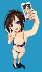 Rule 34 | 1girl, :d, arm up, barefoot, bikini, blue background, blue bikini, blush, breasts, brown hair, camera phone, cellphone, cellphone photo, cleavage, collarbone, foreshortening, from above, front-tie top, halterneck, medium breasts, navel, open mouth, original, phone, purple bikini, purple eyes, selfie, short hair, simple background, smartphone, smile, solo, string bikini, swimsuit, taking picture, unasaka ryou, v