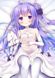 Rule 34 | 1girl, ahoge, azur lane, bed sheet, black bow, black ribbon, blush, bow, chestnut mouth, commentary request, detached sleeves, dress, esureki, hair bun, hair ribbon, highres, long hair, long sleeves, lying, hugging object, on back, one side up, parted lips, purple eyes, purple hair, ribbon, side bun, single hair bun, single side bun, sleeves past wrists, solo, stuffed animal, stuffed pegasus, stuffed toy, stuffed unicorn, stuffed winged unicorn, thighhighs, unicorn (azur lane), very long hair, white dress, white thighhighs