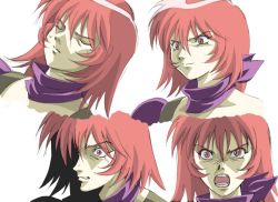 Rule 34 | &gt;:o, 1girl, :o, angry, clenched teeth, closed eyes, concept art, kirishima reiko, mugen senshi valis, neckerchief, open mouth, red eyes, red hair, scarf, short hair, shoulder pads, simple background, smile, teeth, telenet japan, v-shaped eyebrows, valis, white background