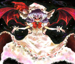 Rule 34 | ast, bad id, bad pixiv id, bat wings, bow, brooch, dress, eyelashes, frilled skirt, frills, hat, hat bow, jewelry, night, night sky, outstretched arms, purple hair, red bow, red eyes, red wings, remilia scarlet, skirt, sky, solo, spread arms, star (sky), touhou, white dress, wings, wrist cuffs
