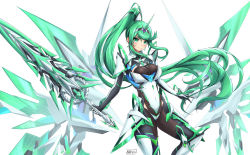 Rule 34 | 1girl, absurdly long hair, absurdres, aegis sword (xenoblade), artist request, blush, breasts, chest jewel, cleavage, covered navel, earrings, elbow gloves, exercising, gem, gloves, green eyes, green hair, hair ornament, headpiece, high heels, highres, holding, holding sword, holding weapon, jewelry, large breasts, long hair, looking at viewer, mechanical wings, nintendo, nithros, pantyhose, pneuma (xenoblade), ponytail, push-ups, simple background, smile, solo, standing, swept bangs, sword, thighhighs, tiara, very long hair, weapon, white background, wings, xenoblade chronicles (series), xenoblade chronicles 2