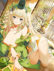 Rule 34 | 1girl, absurdres, bamboo, bare shoulders, bell, black footwear, black headwear, blonde hair, blue eyes, boots, breasts, cleavage, collarbone, commentary request, day, dutch angle, fountain, glass, green ribbon, green tea, hair over one eye, hair ribbon, hair strand, hairband, hat, highres, indoors, korean clothes, korean commentary, large breasts, leaf, long hair, looking at viewer, lying, masu, microskirt, off shoulder, on floor, on side, open mouth, orange skirt, orb, original, plant, planted, pleated skirt, potted plant, puffy sleeves, raincsh, ribbon, robe, serving dome, skirt, smile, solo, tassel, tea, teapot, two side up, very long hair, water, wooden floor