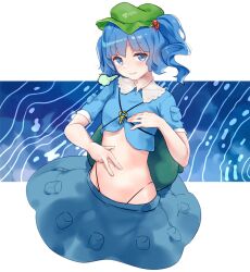 Rule 34 | 1girl, backpack, bag, blue shirt, blue skirt, blush, breasts, commentary request, fairyfloss, flat cap, frilled shirt collar, frills, green hat, hair bobbles, hair ornament, hat, jewelry, kawashiro nitori, key, key necklace, looking at viewer, navel, necklace, pocket, shirt, short hair, short sleeves, skirt, skirt set, small breasts, solo, spread navel, stomach, touhou, two side up