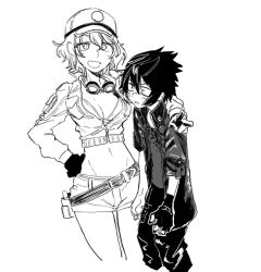 Rule 34 | 1boy, 1girl, arm around shoulder, baseball cap, breasts, cidney aurum, cleavage, commentary request, cowboy shot, final fantasy, final fantasy xv, fingerless gloves, gloves, goggles, goggles around neck, greyscale, hand on own hip, hat, height difference, highres, kotoyama, midriff, monochrome, navel, noctis lucis caelum, short hair, shorts, smile, sweat, v