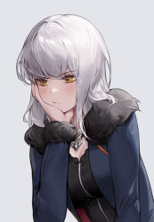 Rule 34 | 1girl, absurdres, blush, breasts, cotta (heleif), eyebrows hidden by hair, fate/grand order, fate (series), grey hair, highres, jacket, jeanne d&#039;arc alter (avenger) (fate), jeanne d&#039;arc alter (fate), jeanne d&#039;arc alter (ver. shinjuku 1999) (fate), jewelry, necklace, short hair, simple background, solo, upper body, white background, yellow eyes