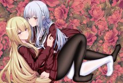 Rule 34 | 2girls, all fours, arm support, assault lily, belt, black sailor collar, blonde hair, blue ribbon, blush, braid, breasts, brown legwear, chin gero, closed mouth, commentary request, floral background, flower, full body, girl on top, hair between eyes, hair ribbon, hand on another&#039;s arm, hand up, highres, jewelry, kanba girls high school uniform, knee up, kon kanaho, leaning back, long hair, long sleeves, looking at another, looking at viewer, looking to the side, medium breasts, miniskirt, miyagawa takane, multiple girls, neckerchief, no shoes, pantyhose, pleated skirt, puffy long sleeves, puffy sleeves, purple eyes, red belt, red flower, red rose, red shirt, red skirt, ribbon, ring, rose, rose background, sailor collar, school uniform, serafuku, shirt, side braid, sidelocks, silver hair, sitting, skirt, very long hair, white legwear, white neckerchief, yellow eyes, yuri