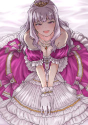 Rule 34 | 1girl, :d, blush, breasts, cleavage, collarbone, commentary request, detached sleeves, dress, gloves, highres, idolmaster, idolmaster (classic), jewelry, long hair, looking at viewer, necklace, open mouth, purple dress, purple eyes, purple sleeves, shijou takane, short sleeves, silver hair, smile, solo, tiara, tsurui, two-tone dress, white dress, white gloves