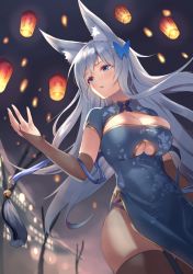 Rule 34 | 1girl, animal ear fluff, animal ears, azur lane, blue dress, blue eyes, breasts, bridal gauntlets, brown thighhighs, china dress, chinese clothes, cleavage, cleavage cutout, clothing cutout, cowboy shot, dress, fox ears, fox girl, gold trim, hand up, highres, lantern, large breasts, long hair, looking away, paper lantern, parted lips, pelvic curtain, shimotsuki shio, shinano (azur lane), short sleeves, silver hair, skindentation, solo, standing, thighhighs, thighs, underboob, underboob cutout, very long hair