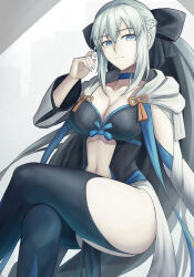 Rule 34 | 1girl, blue choker, blue eyes, boots, breasts, center opening, choker, cleavage, crossed legs, fate/grand order, fate (series), fingernails, grey hair, highres, large breasts, long hair, morgan le fay (fate), navel, ponytail, sakahoko, solo, thigh boots, thighs