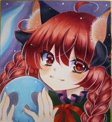 Rule 34 | 1girl, :3, animal ear fluff, animal ears, blush, braid, cat ears, fang, fang out, hair between eyes, highres, holding, holding skull, kaenbyou rin, looking at viewer, masaki (masarin0909), one-hour drawing challenge, portrait, red eyes, red hair, skull, smile, solo, touhou, traditional media, twin braids