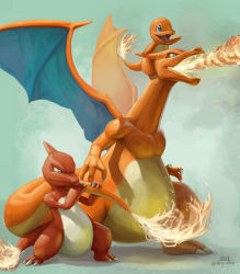 Rule 34 | blue eyes, breath weapon, breathing fire, charizard, charmander, charmeleon, claws, commentary, creature, creatures (company), dragon, english commentary, evolutionary line, fire, flame-tipped tail, full body, game freak, gen 1 pokemon, highres, horns, mcgmark, nintendo, no humans, on head, pokemon, pokemon (creature), pokemon on head, shadow, signature, simple background, single horn, standing