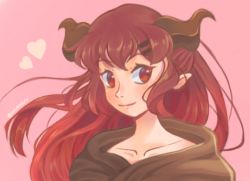 Rule 34 | 1girl, artist name, bellavoirr, blush, brown cloak, brown horns, cloak, closed mouth, collarbone, demon girl, female focus, gradient hair, hair ornament, hairclip, happy, heart, horns, long hair, looking to the side, matching hair/eyes, multicolored hair, original, pink background, pointy ears, red eyes, red hair, sidelocks, signature, simple background, smile, solo, twitter username, upper body