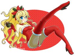 Rule 34 | 10s, 1girl, alternate costume, artist name, artist request, bare shoulders, blonde hair, blue eyes, boots, cup, fishnet pantyhose, fishnets, full body, gloves, hair ornament, high heel boots, high heels, highres, katawa shoujo, leg up, long hair, long legs, melangetic, open mouth, pantyhose, pinky out, ponytail, red footwear, red heels, red thighhighs, santa costume, satou lilly, solo, thigh boots, thighhighs, transparent background, very long hair