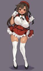 Rule 34 | 1girl, absurdres, blush, breasts, brown hair, buta-don, fang, full body, grey background, hat, highres, large breasts, long hair, looking at viewer, miniskirt, open mouth, original, red eyes, simple background, skirt, smile, solo, thighhighs, white thighhighs