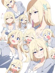 Rule 34 | &gt; &lt;, 1girl, :d, ;q, ^ ^, absurdres, blonde hair, blue eyes, blush, bow, bowtie, breasts, cleavage, clenched hands, closed eyes, collage, collarbone, cropped torso, crying, earrings, fingernails, grey shirt, gyaru, highres, jewelry, kogal, large breasts, misaki nonaka, multiple views, nail polish, one eye closed, open collar, open mouth, original, school uniform, shirt, simple background, smile, stud earrings, tongue, tongue out, upper body, white background, white bow, white bowtie