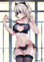 Rule 34 | 1girl, 2b (nier:automata), absurdres, animal ears, ass, bare shoulders, black hairband, black thighhighs, blindfold, blonde hair, blush, breasts, cat ears, cat lingerie, cleavage, cleavage cutout, clothing cutout, collarbone, cosplay, covered erect nipples, covered eyes, fringe trim, hairband, highres, huge filesize, large breasts, madbunny, meme attire, navel, nier:automata, nier (series), pink lips, ribbon, scenery, short hair, solo, thighhighs, thighs, undressing, white hair, window, window shadow