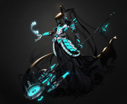 Rule 34 | 1boy, android, black hair, black hat, black robe, black sclera, blue eyes, cable, collarbone, colored sclera, glint, glowing, hat, highres, holding, holding staff, hologram, humanoid robot, infinity symbol, lens flare, looking at viewer, male focus, mask, mechanical arms, mouth mask, original, robe, robot, sai4898, science fiction, solo, staff