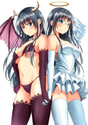 Rule 34 | 2girls, angel, angel and devil, angel wings, arm at side, attsun (atsushi jb), bare shoulders, bikini, black eyes, black hair, blush, breasts, cleavage, closed mouth, dark persona, demon girl, demon horns, demon wings, dress, dual persona, elbow gloves, fang, glasses, gloves, grin, halo, hand on own hip, holding hands, horns, interlocked fingers, jewelry, large breasts, long hair, midriff, multiple girls, navel, neck, necklace, panties, pleated dress, purple bikini, purple gloves, purple legwear, seifuku!, short dress, single wing, skull, skull necklace, smile, standing, strapless, strapless dress, swimsuit, tachibana aoi, thighhighs, underboob, underwear, white dress, white gloves, white legwear, wings, zettai ryouiki