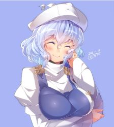 Rule 34 | 1girl, 2016, ^ ^, blue background, blue hair, blue vest, blush, breasts, closed eyes, dated, epaulettes, eyebrows, facing viewer, hair between eyes, hat, juliet sleeves, kokka han, large breasts, letty whiterock, long sleeves, pin, playing with own hair, puffy sleeves, short hair, smile, solo, touhou, turtleneck, upper body, vest, white hat