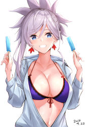 Rule 34 | 1girl, absurdres, anza tomo, bikini, bikini top only, blue eyes, breasts, cleavage, commentary request, dated, earrings, fate/grand order, fate (series), female focus, food, grin, highres, holding, hood, hoodie, jewelry, large breasts, miyamoto musashi (fate), navel, pink hair, popsicle, shirt, simple background, smile, solo, stomach, swimsuit, upper body, white background
