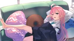Rule 34 | 1girl, absurdres, ahoge, barefoot, black skirt, blue archive, blue eyes, blue necktie, clothes blanket, collared shirt, couch, fang, feet, halo, highres, hoshino (blue archive), id card, indoors, kuro shiraga, legs, long hair, looking at viewer, lying, necktie, on back, one eye closed, open mouth, pillow, pink hair, rubbing eyes, shirt, skin fang, skirt, soles, solo, toes, white shirt