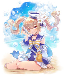 Rule 34 | 1girl, barbara (genshin impact), barbara (summertime sparkle) (genshin impact), bare legs, beach, blonde hair, blue choker, blue eyes, blue sky, blush, bow, bubble, choker, closed mouth, cloud, commentary request, conch, detached sleeves, flower, genshin impact, hair flower, hair ornament, hat, highres, holding, looking at viewer, nekobayashi, ocean, official alternate costume, sandals, sitting, sky, smile, solo, striped, striped bow, swimsuit, swimsuit under clothes, twintails, white hat, yokozuwari
