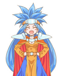 Rule 34 | 1girl, big hair, blue hair, bracelet, breasts, cape, chrono trigger, cleavage, dress, earrings, fang, hands on own hips, jewelry, large breasts, long hair, open mouth, queen zeal, s-a-murai, simple background, skin fang, smile, solo, white background