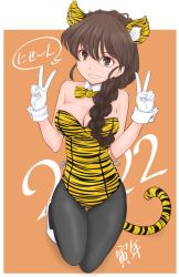 Rule 34 | 1girl, 2022, alternate costume, animal ears, animal print, text background, black pantyhose, bow, bowtie, braid, braided ponytail, breasts, brown eyes, brown hair, chinese zodiac, cleavage, collar, commentary request, detached collar, double v, fake animal ears, fake tail, floating, full body, girls und panzer, gloves, grin, hair over shoulder, high heels, highres, kittysuit, legs up, leotard, long hair, looking at viewer, medium breasts, new year, nontraditional playboy bunny, orange background, outside border, pantyhose, playboy bunny, print bow, print bowtie, rukuriri (girls und panzer), rukuriritea, side-tie leotard, simple background, single braid, smile, solo, strapless, strapless leotard, tail, tiger ears, tiger print, tiger tail, translated, v, white collar, white footwear, white gloves, wing collar, wrist cuffs, year of the tiger, yellow bow, yellow bowtie, yellow leotard