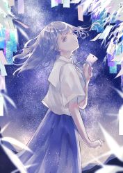 Rule 34 | 1girl, absurdres, blue bow, blue skirt, bow, commentary request, grey eyes, grey hair, hand up, head tilt, highres, holding, huge filesize, juu ame, long hair, looking at viewer, looking to the side, original, parted lips, shirt, short sleeves, skirt, sky, solo, star (sky), starry sky, tanabata, tanzaku, white shirt, wide sleeves