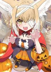 Rule 34 | 1girl, absurdres, akabeko123, alternate costume, animal ear fluff, animal ears, arknights, bandage over one eye, belt, black belt, black nails, blonde hair, blush, braid, braided hair rings, claw pose, cloak, colored tips, commentary request, dress, fang, fingernails, fox ears, fox girl, fox tail, full body, hair rings, halloween, hands up, highres, jack-o&#039;-lantern, kitsune, kyuubi, looking at viewer, multicolored hair, multicolored nails, multiple tails, open mouth, orange dress, orange nails, purple dress, purple nails, red cloak, short hair, standing, strapless, strapless dress, suzuran (arknights), tail, teeth, twin braids, two-tone dress, two-tone hair, upper teeth only, white hair, yellow eyes