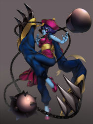 Rule 34 | 1girl, bad id, bad pixiv id, ball and chain (weapon), blue pants, blue skin, blush stickers, breasts, chain, chinese clothes, claws, cleavage cutout, clothing cutout, colored skin, female focus, fighting stance, flats, flipped hair, full body, hair between eyes, hat, highres, jiangshi, large breasts, lei lei, ofuda, pants, purple hair, qingdai guanmao, red eyes, rumutan, short hair, simple background, sleeveless, solo, spiked ball and chain, spikes, stairs, vampire (game), weapon
