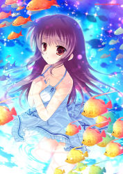 Rule 34 | 1girl, bad id, bad pixiv id, brown hair, dress, fish, glowing, hands on own chest, light particles, mikeou, red eyes, spaghetti strap, underwater