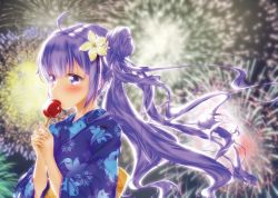 Rule 34 | 1girl, absurdres, ahoge, azur lane, blurry, blush, candy apple, commentary request, depth of field, eating, fireworks, flower, food, hair bun, hair flower, hair ornament, highres, holding, japanese clothes, kimono, long hair, looking away, one side up, purple eyes, purple hair, side bun, single hair bun, single side bun, solo, unicorn (azur lane), wakamoto riwo, wind, yukata