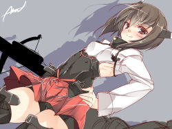 Rule 34 | 10s, 1girl, bike shorts, blush, breasts, brown eyes, brown hair, doyagao, dutch angle, grey background, hand on own hip, headgear, kantai collection, looking at viewer, mtu (orewamuzituda), shadow, signature, sketch, skirt, small breasts, smile, smug, solo, taihou (kancolle), thighs