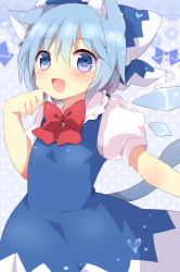 Rule 34 | 1girl, 3535carrot, animal ears, bad id, bad pixiv id, blue dress, blue eyes, blue hair, bow, cat ears, cat tail, cirno, dress, fang, hair bow, heart, heart-shaped pupils, ice, ice wings, kemonomimi mode, looking at viewer, matching hair/eyes, open mouth, puffy sleeves, shirt, short sleeves, smile, solo, symbol-shaped pupils, tail, touhou, uguisu mochi (ykss35), wings