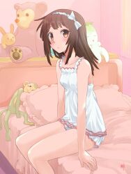 Rule 34 | 1girl, arms at sides, artist name, bare shoulders, bed, bedroom, blush, bow, breasts, brown hair, choppy bangs, closed mouth, collarbone, commentary, curtains, dress, expressionless, feet out of frame, frilled nightgown, frilled pillow, frills, from side, hair bow, hairband, headboard, highres, indoors, kikumaru bunta, looking at viewer, looking to the side, medium hair, monogatari (series), nightgown, on bed, pillow, revision, sengoku nadeko, short dress, signature, sitting, small breasts, solo, stuffed animal, stuffed monkey, stuffed rabbit, stuffed toy, teddy bear, translated, white bow, white dress, white hairband, white nightgown, window