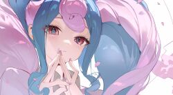Rule 34 | 1girl, aqua hair, blush, cherry blossoms, closed mouth, creatures (company), eyelashes, fairy miku (project voltage), game freak, hatsune miku, highres, long hair, looking at viewer, multicolored hair, nail polish, neonneon321, nintendo, petals, pink hair, pokemon, portrait, project voltage, red eyes, sidelocks, simple background, solo, twintails, upper body, very long hair, vocaloid, white background